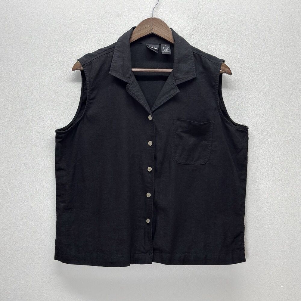 Sleeveless Linen Blend Button Up Shirt Women Size XL Black Minimal Quiet Luxury